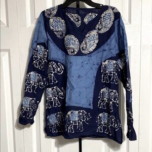 Cotton blue batik elephant tunic top shirt size M / L